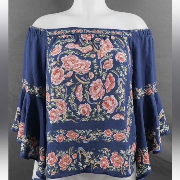 Francescas Blue Rain Floral Flowy Off Shoulder Bell Sleeve Blouse Women’s Size S - Picture 1 of 10